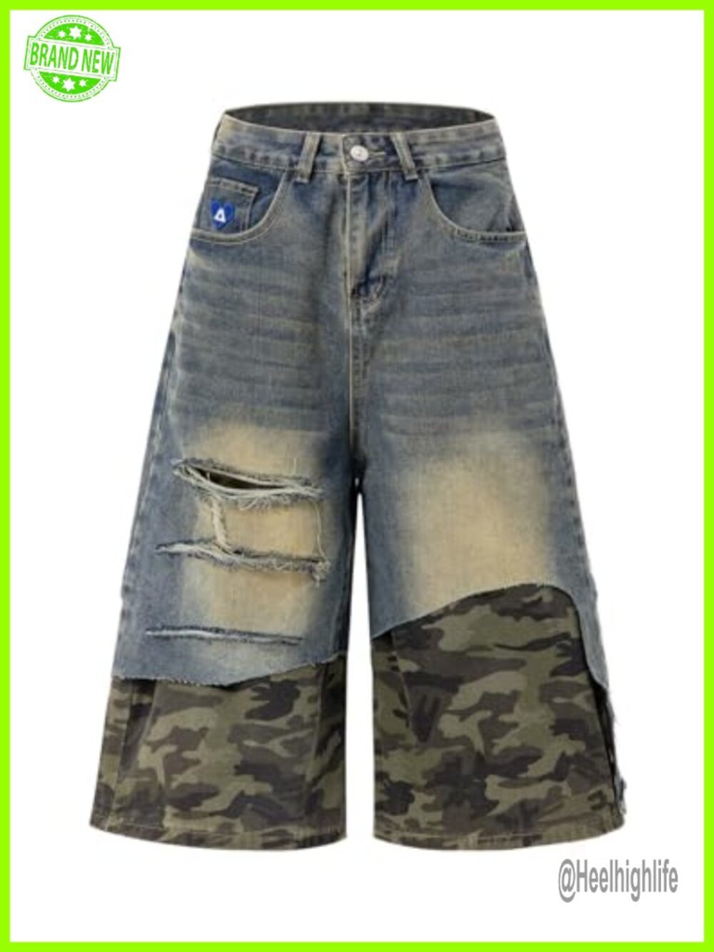 Aelfric Eden Camo Baggy Jorts Distressed Patchwork Denim Jean Shorts Streetwear